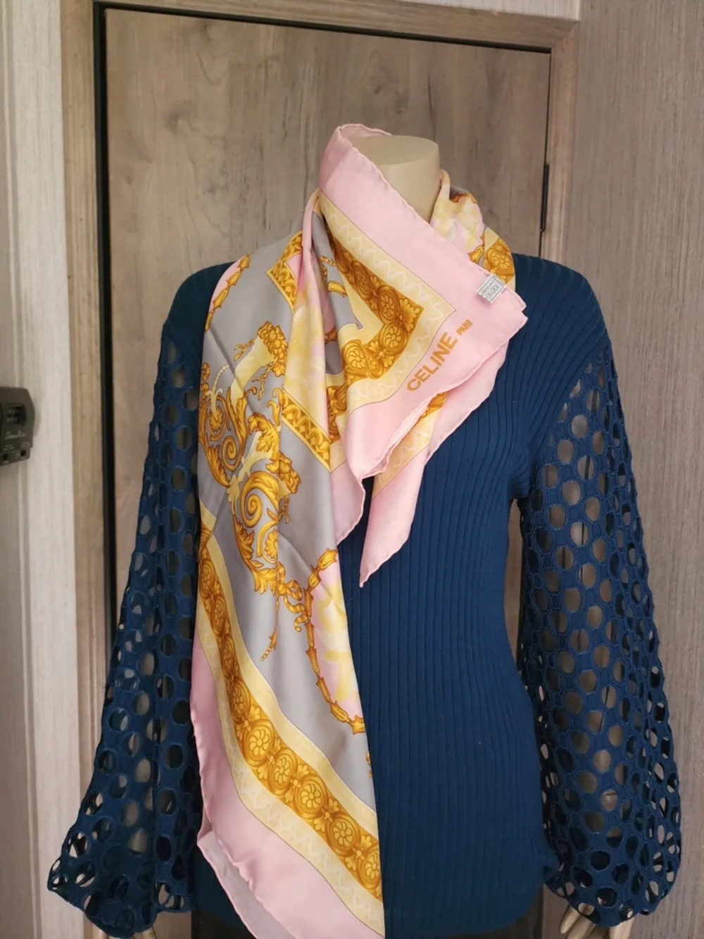 Celine Pink, Gold & Gray Silk-Style Printed Scarf - Picture 2 of 6